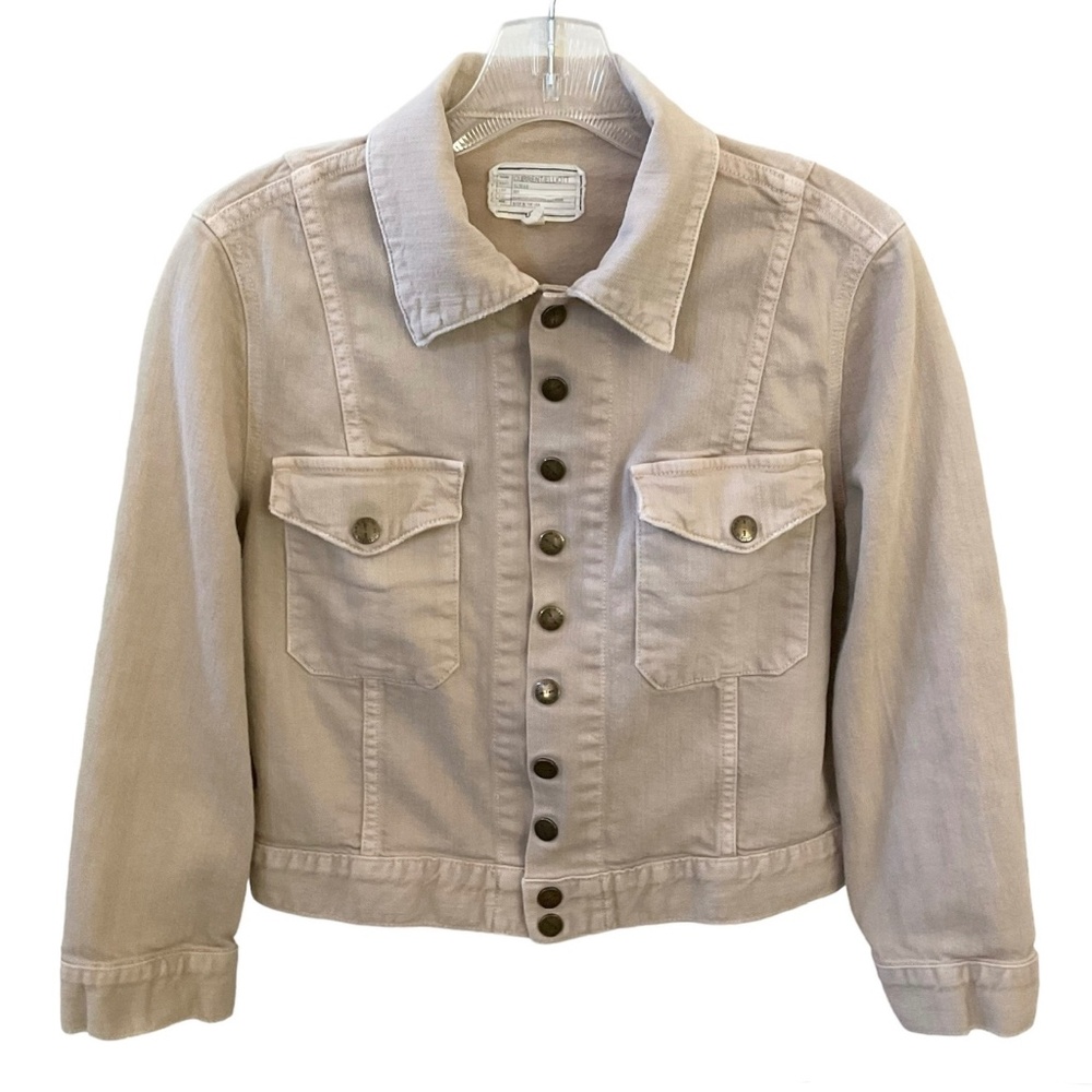 Current/Elliott Cropped Denim Snap Jacket “Pebble” Size 3/Large Khaki Tan Beige